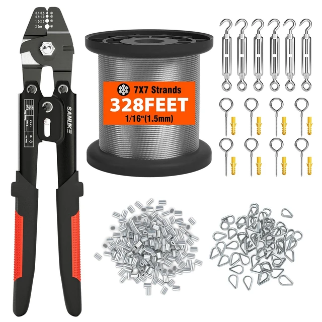 Alt view image 8 of 14 - Wire Rope Crimper Kit, 328ft 1/16" Stainless Steel Cable, Swager with 200Pcs Crimping Sleeves and 50Pcs M2 Thimbles, 6Pcs M4 Hook & Eye Turnbuckle and 8Pcs Eye Screws for Railing, Decking, H