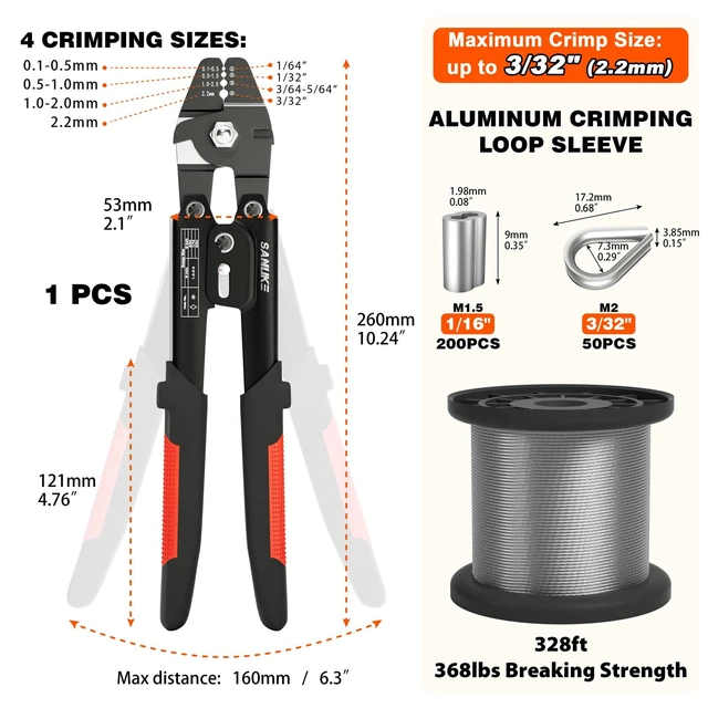 Alt view image 10 of 14 - Wire Rope Crimper Kit, 328ft 1/16" Stainless Steel Cable, Swager with 200Pcs Crimping Sleeves and 50Pcs M2 Thimbles, 6Pcs M4 Hook & Eye Turnbuckle and 8Pcs Eye Screws for Railing, Decking, H