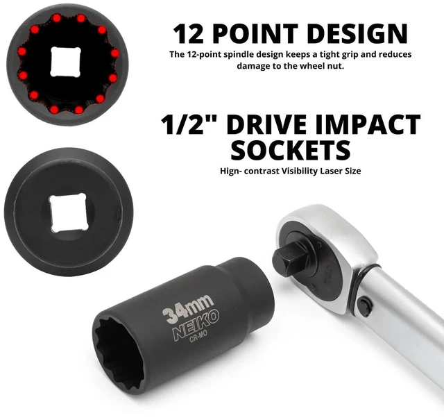 Alt view image 10 of 14 - 02530A 5 Piece 12 Point Socket Set 1/2 Drive, Lug Nut Remover, Spindle Nut Socket, Axle Nut Socket Set, Metric 30mm - 36mm Socket 1/2 Drive Impact Set, Cr-Mo Impact Adapter, 3/4" - 1/2 Reducer