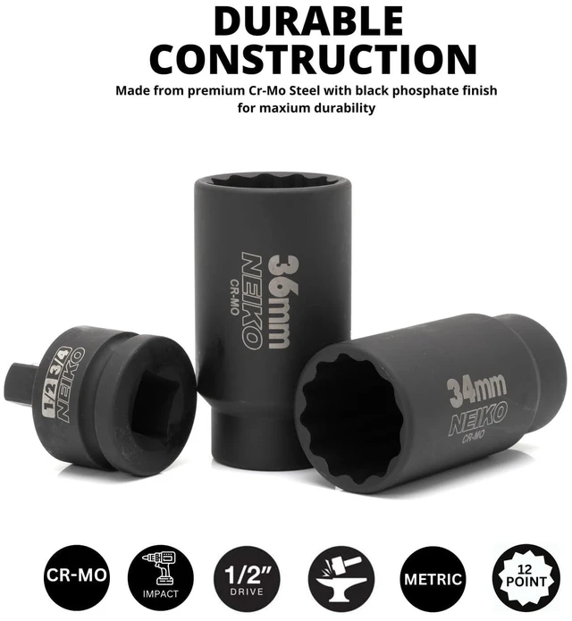 Alt view image 9 of 14 - 02530A 5 Piece 12 Point Socket Set 1/2 Drive, Lug Nut Remover, Spindle Nut Socket, Axle Nut Socket Set, Metric 30mm - 36mm Socket 1/2 Drive Impact Set, Cr-Mo Impact Adapter, 3/4" - 1/2 Reducer