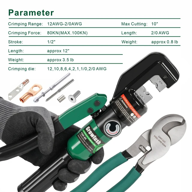 Alt view image 9 of 12 - Hydraulic Crimping Tool, Battery Cable Crimper 12AWG2/0AWG, US Standard AWG Dies, 10-Ton Hydraulic Crimper for US AWG Size 12-2/0 Gauge Stranded (YQK-00+cut)