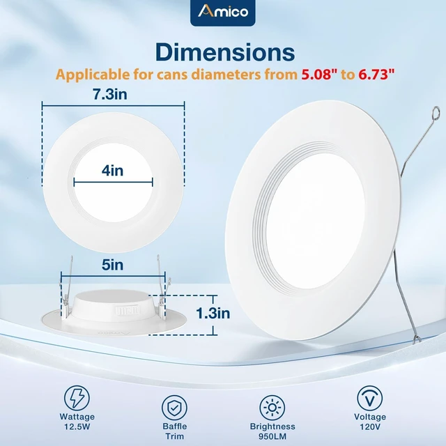 Alt view image 12 of 14 - 6 Pack 5/6 inch 5CCT LED Recessed Lighting, Retrofit Can Light, White Dimmable, 12.5W=100W, 950LM, 2700K/3000K/4000K/5000K/6000K Selectable, Baffle Trim, Easy Install, IC & Damp Rated, ETL & FCC