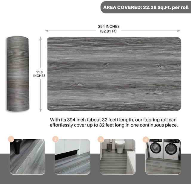 Alt view image 10 of 14 - Woodgrain Vinyl Floor Roll, 11.8" x 394", QuickApply Peel & Stick Cover 32.29 Sq,ft, Soft woodlook finish, Nonslip texture, Long rolls reduce seams, Lowmaintenance surface, Easy to cut