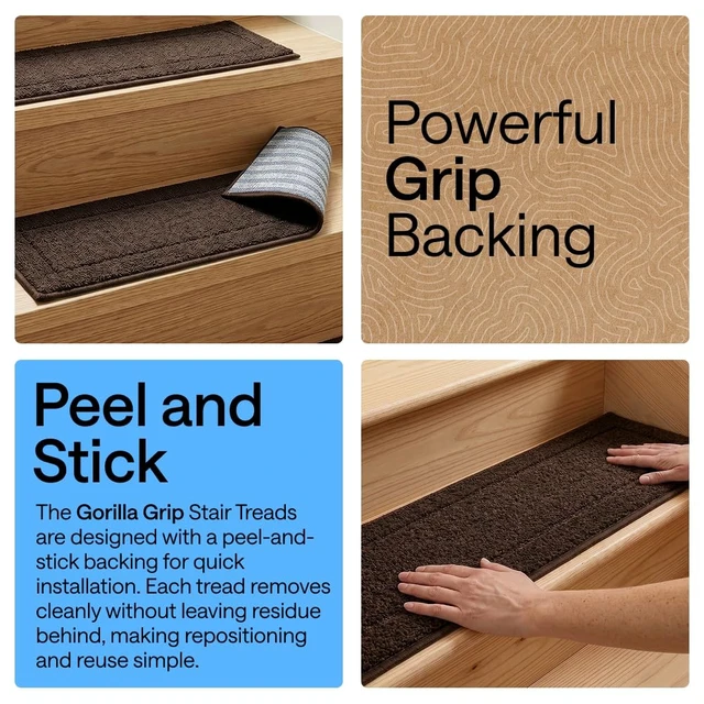 Alt view image 11 of 14 - Peel and Stick Stair Treads, 8x28 Inches, 12 Pack, Brown Multi-Surface Use Machine Washable Carpet Runners for Wooden Steps, Indoor Rugs for Stairs, Pet Friendly, Universal Size