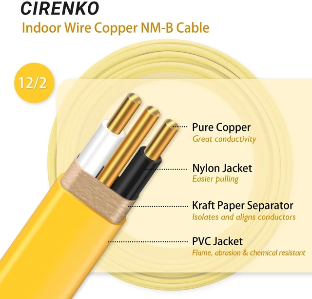 Alt view image 10 of 14 - 12/2 NM-B Cable 50 FT, UL Listed 12 Gauge Indoor Wire with Ground Solid Bare Copper, No CCA, Durable Yellow NM-B Jacket, Easy to Strip, for Residential Dry Locations, 600V Rated