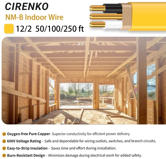 Alt view image 9 of 14 - 12/2 NM-B Cable 50 FT, UL Listed 12 Gauge Indoor Wire with Ground Solid Bare Copper, No CCA, Durable Yellow NM-B Jacket, Easy to Strip, for Residential Dry Locations, 600V Rated