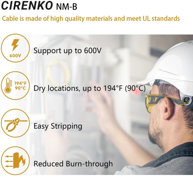 Alt view image 12 of 14 - 12/2 NM-B Cable 50 FT, UL Listed 12 Gauge Indoor Wire with Ground Solid Bare Copper, No CCA, Durable Yellow NM-B Jacket, Easy to Strip, for Residential Dry Locations, 600V Rated