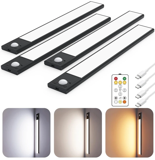 Alt view image 8 of 14 - 12" Under Cabinet Lighting Wireless, Remote, Motion Sensor, 4Pack, Black 0.33" Ultra-thin Aluminum Alloy Body, USB-C Rechargeable, 3-Color-Temp, Dimming, Magnetic, 30Day Runtime for Kitchen Closet
