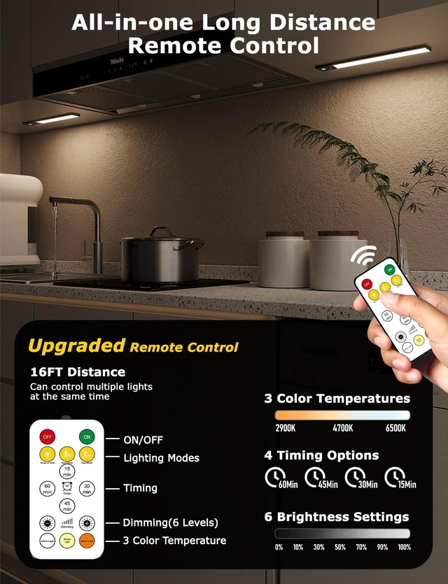 Alt view image 9 of 14 - 12" Under Cabinet Lighting Wireless, Remote, Motion Sensor, 4Pack, Black 0.33" Ultra-thin Aluminum Alloy Body, USB-C Rechargeable, 3-Color-Temp, Dimming, Magnetic, 30Day Runtime for Kitchen Closet