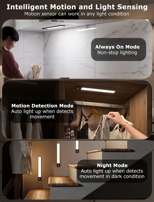 Alt view image 10 of 14 - 12" Under Cabinet Lighting Wireless, Remote, Motion Sensor, 4Pack, Black 0.33" Ultra-thin Aluminum Alloy Body, USB-C Rechargeable, 3-Color-Temp, Dimming, Magnetic, 30Day Runtime for Kitchen Closet
