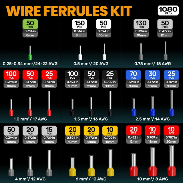 Alt view image 11 of 14 - Ferrule Crimping Tool Kit, 24-8 AWG with 23 Sizes Wire Ferrules Insulated Ferrule Terminals (Tinned Copper, 8-20mm), Ratchet Square Crimper, for Cables, Car, PLC Panels & DIY Electronics