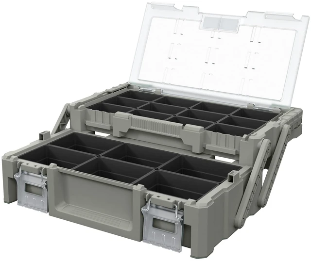 Alt view image 8 of 14 - 18" Camp & Trail Gear Organizer, Heavy-Duty Cantilever Storage Box Outdoor Equipment, Hunting, Fishing & Tool Storage, 18 Removable Compartments, Metal Latches, Clear Lid