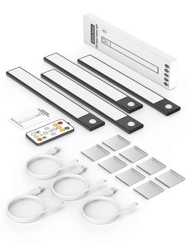 Alt view image 14 of 14 - 12" Under Cabinet Lighting Wireless, Remote, Motion Sensor, 4Pack, Black 0.33" Ultra-thin Aluminum Alloy Body, USB-C Rechargeable, 3-Color-Temp, Dimming, Magnetic, 30Day Runtime for Kitchen Closet
