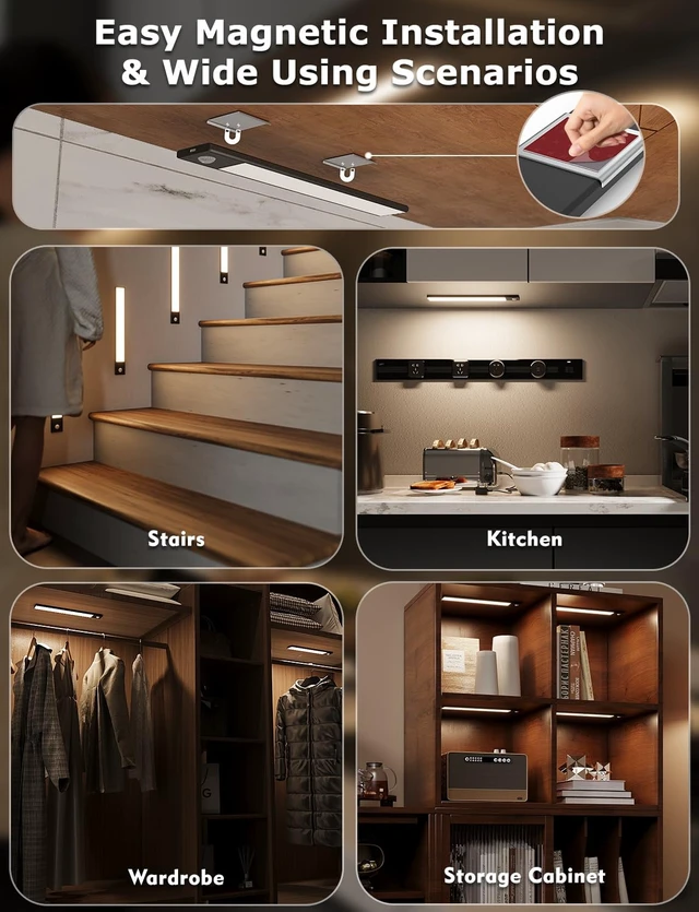 Alt view image 13 of 14 - 12" Under Cabinet Lighting Wireless, Remote, Motion Sensor, 4Pack, Black 0.33" Ultra-thin Aluminum Alloy Body, USB-C Rechargeable, 3-Color-Temp, Dimming, Magnetic, 30Day Runtime for Kitchen Closet