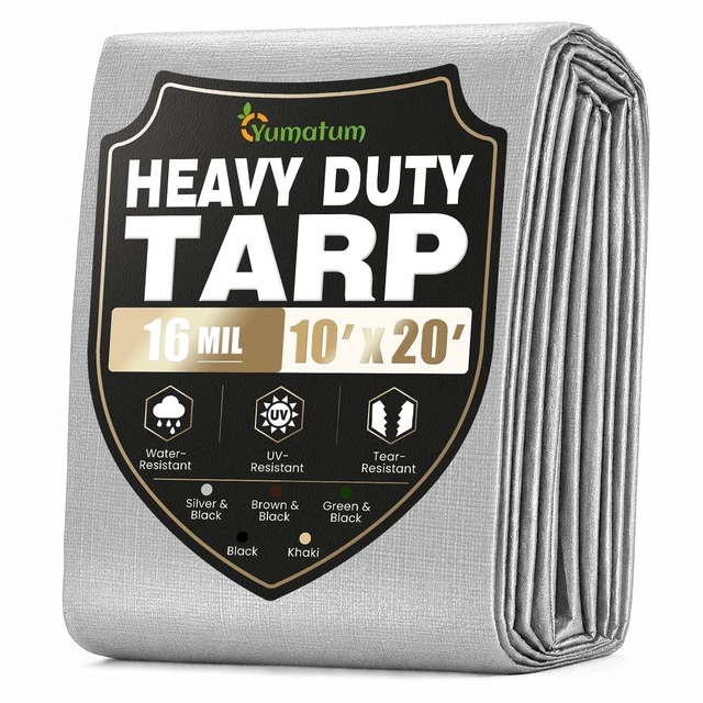 Alt view image 8 of 14 - 16 Mil 10x20 FT Heavy Duty Waterproof Tarps for Outdoor, Silver Heavy Duty Tarps with Reinforced Edges & Rustproof Grommets, Waterproof Cover for Roof, Tent, Camping, Pool, Car