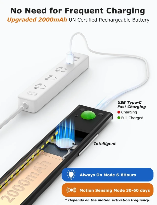 Alt view image 12 of 14 - 12" Under Cabinet Lighting Wireless, Remote, Motion Sensor, 4Pack, Black 0.33" Ultra-thin Aluminum Alloy Body, USB-C Rechargeable, 3-Color-Temp, Dimming, Magnetic, 30Day Runtime for Kitchen Closet