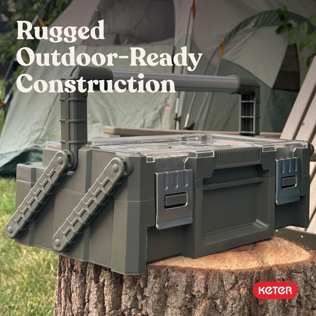 Alt view image 12 of 14 - 18" Camp & Trail Gear Organizer, Heavy-Duty Cantilever Storage Box Outdoor Equipment, Hunting, Fishing & Tool Storage, 18 Removable Compartments, Metal Latches, Clear Lid