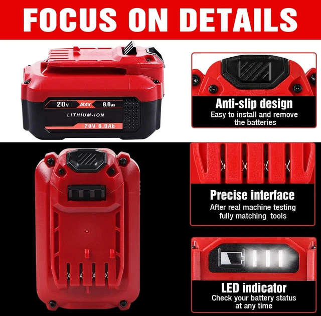 Alt view image 11 of 14 - Upgrade 2Pack 20V 6.0Ah Replacement Battery for Craftsman 20V Battery V20 Lithium ion for CMCB205 CMCB204 CMCB206 CMCB202 CMCB201 20V Cordless Power Tools Craftsman 20V Battery