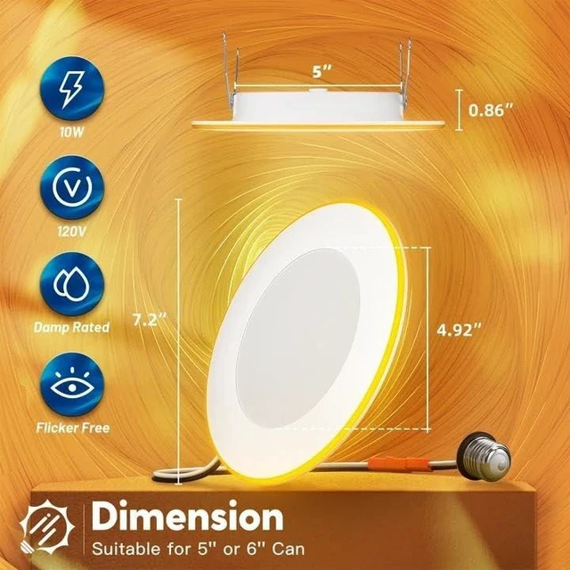 Alt view image 14 of 14 - 4 Pack 5/6 Inch 5CCT LED Recessed Lighting with Night Light 2700K/3000K/4000K/5000K/6000K Selectable,Dimmable Retrofit Flat Can Lights, 1000LM,10W, IC & Damp Rated, ETL & FCC