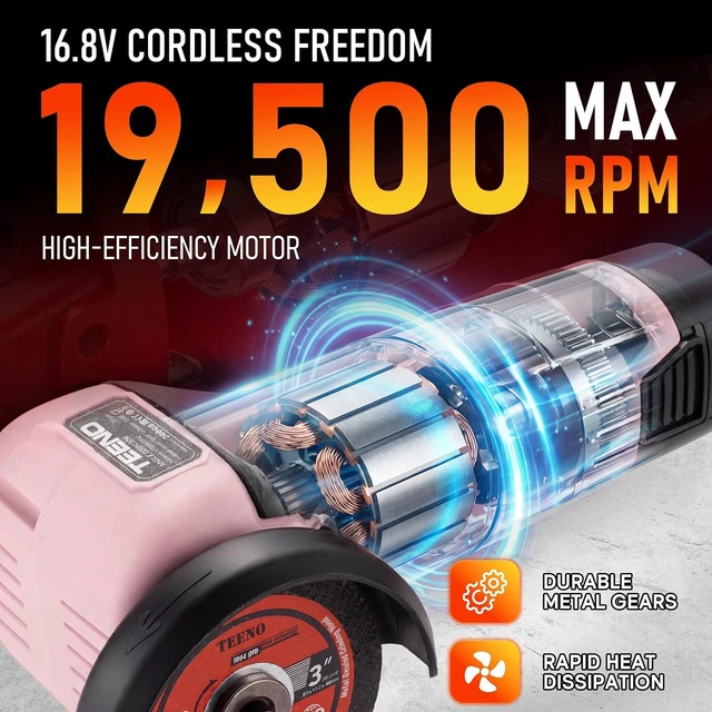 Alt view image 10 of 14 - Cordless Angle Grinder Kit, 19,500 RPM Mini Electric Angle Grinding Tool with 2 Pcs 16.8V 2000mAh Batteries and 6 Cutting Discs, 3-Inch Handheld Grinder for DIY & Home Improvement, Pink
