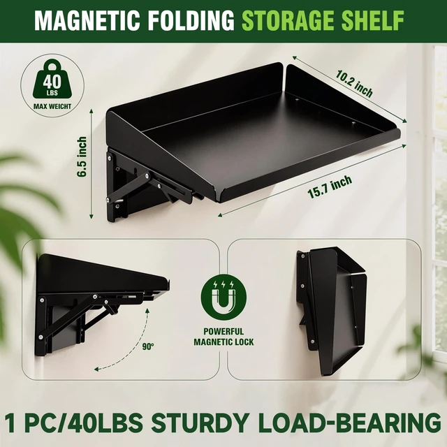 Alt view image 10 of 14 - Magnetic Folding Shelf, 40LBS Heavy Duty Magnetic Mounted Rack for Garage, Workshop, RV,Power Tools,Toolbox,1Set Storage Shelves with Lip for Workshop Kitchen Office