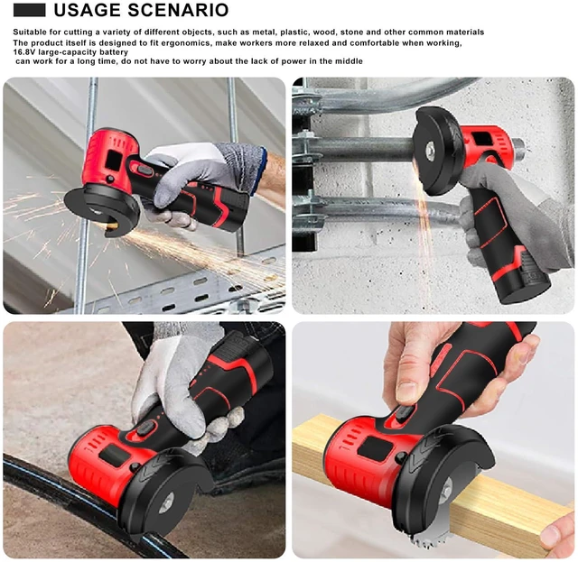 Alt view image 11 of 14 - Cordless Angle Grinder Brushless Kit 19500rpm Cutting and Grinding 3-Inch Mini Electric Angle Grinding Tool, 2x16.8V 2000mAh Battery & 6-Cutting Discs Grinder Handheld Cutter for Metal Wood