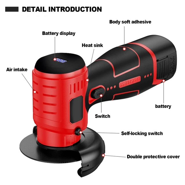 Alt view image 10 of 14 - Cordless Angle Grinder Brushless Kit 19500rpm Cutting and Grinding 3-Inch Mini Electric Angle Grinding Tool, 2x16.8V 2000mAh Battery & 6-Cutting Discs Grinder Handheld Cutter for Metal Wood