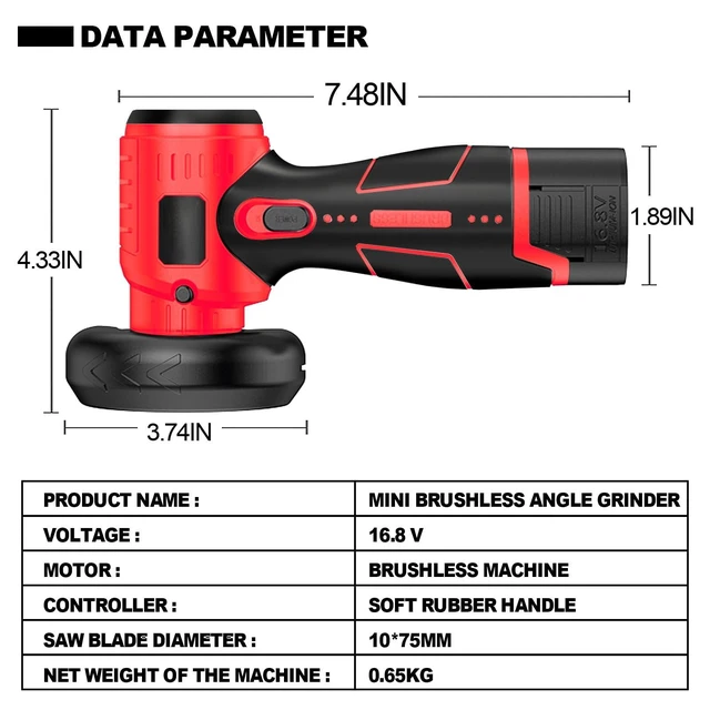 Alt view image 9 of 14 - Cordless Angle Grinder Brushless Kit 19500rpm Cutting and Grinding 3-Inch Mini Electric Angle Grinding Tool, 2x16.8V 2000mAh Battery & 6-Cutting Discs Grinder Handheld Cutter for Metal Wood