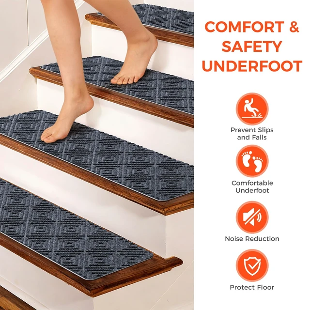 Alt view image 11 of 14 - 15-Pack Non-Slip Stair Treads 8"x30" for Wooden Steps, Bluish Grey No-Residue Adhesive, 0.28" Thick Cushion, Machine Washable, Safe for Dogs, Kids & Elderly, Peel-and-Stick Easy Installation