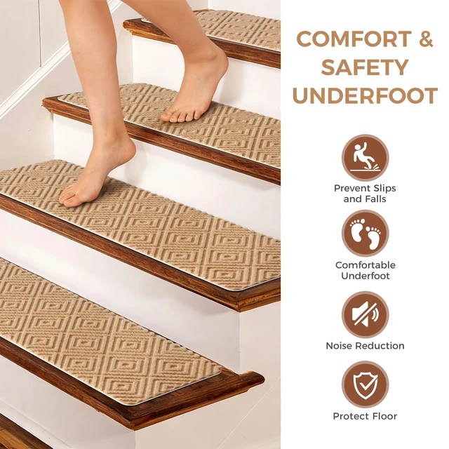 Alt view image 11 of 14 - 15-Pack Non-Slip Stair Treads 8"x30" for Wooden Steps, Beige No-Residue Adhesive, 0.28" Thick Cushion, Machine Washable, Safe for Dogs, Kids & Elderly, Peel-and-Stick Easy Installation