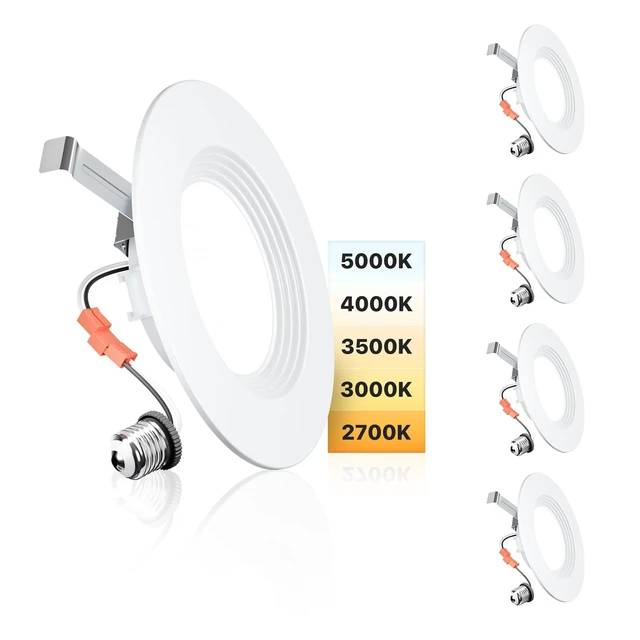 Alt view image 8 of 14 - 5/6 Inch LED Recessed Can Lights, 5CCT, 9W, 1000LM, 4 Pack Retrofit Baffle Trim, 5%-100% Dimmable, 2700K-5000K Selectable CCT, Damp&IC Rated, ETL&FCC Certified, Quick E26 Install