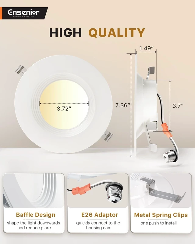 Alt view image 13 of 14 - 5/6 Inch LED Recessed Can Lights, 5CCT, 9W, 1000LM, 4 Pack Retrofit Baffle Trim, 5%-100% Dimmable, 2700K-5000K Selectable CCT, Damp&IC Rated, ETL&FCC Certified, Quick E26 Install