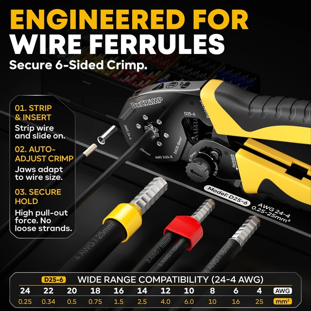 Alt view image 9 of 14 - Hex Ferrule Crimping Tool Kit AWG 24-4 Wire Ferrules 11 Sizes Self-adjusting wire crimper with insulated wire terminals for electrical panels PLC marine solar and 12V automotive wiring