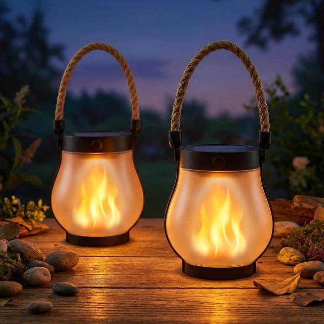 Alt view image 8 of 14 - Solar Lanterns Outdoor Waterproof 2-Pack, Flickering Flame Effect Rechargeable Lanterns with USB-C charging, A Decorative Hanging Design, and Dusk-to-dawn Use for Patios, Porches and Gardens