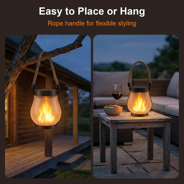 Alt view image 13 of 14 - Solar Lanterns Outdoor Waterproof 2-Pack, Flickering Flame Effect Rechargeable Lanterns with USB-C charging, A Decorative Hanging Design, and Dusk-to-dawn Use for Patios, Porches and Gardens
