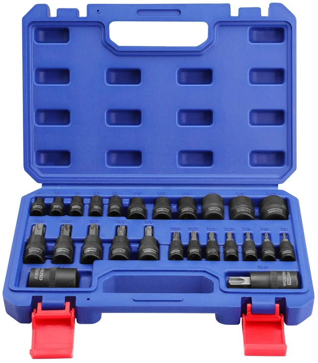 Alt view image 8 of 14 - Torx Bit Set, 25-Piece E4-E22, T8-T60, External Torx Socket Set 1/4", 3/8", 1/2" Drive Bits, E4-E22 e Socket Set, T8-T60 Torx Socket Set, S2 Steel Bits, CR-V Sockets, Storage Case