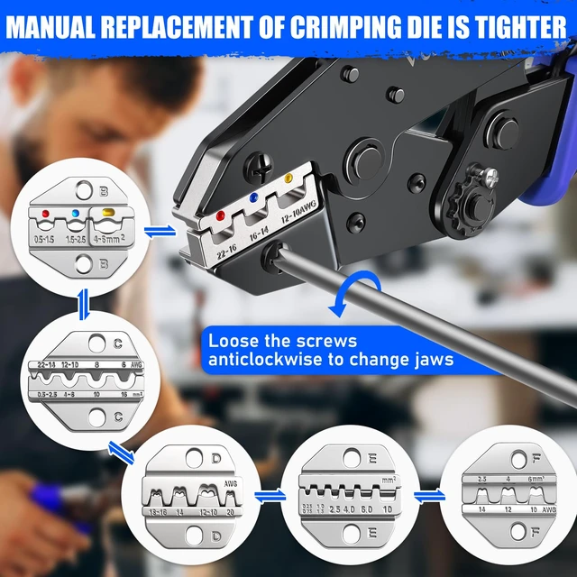 Alt view image 13 of 14 - Crimping Tool Set 6PCS - Ratchet Wire Crimping Tool for Heat Shrink,Insulated Nylon,Non-Insulated,wire ferrules,Open Barrel Terminals,Solar Connectors - Crimper with 6 Interchangeable Die