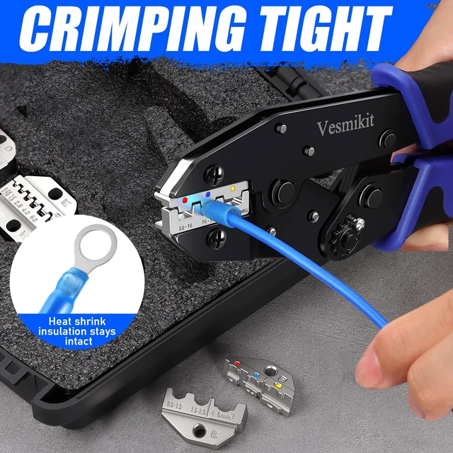 Alt view image 12 of 14 - Crimping Tool Set 6PCS - Ratchet Wire Crimping Tool for Heat Shrink,Insulated Nylon,Non-Insulated,wire ferrules,Open Barrel Terminals,Solar Connectors - Crimper with 6 Interchangeable Die