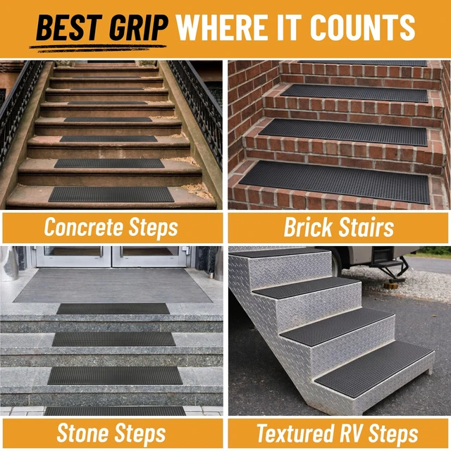 Alt view image 12 of 14 - Outdoor Rubber Stair Treads Dots Heavy-Duty Non-Slip Stair Mats Best Grip on Concrete, Brick & Textured Step Fastening Recommended for Wooden & RV Steps, Pack of 5