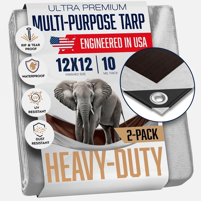 Alt view image 8 of 14 - (2 Pack) 12x12 Heavy Duty Tarp, 10 Mil Thick, Waterproof, Tear & Fade Resistant, High Durability, UV Treated, Grommets Every 18 Inches. (Silver/Brown - Reversible) (12 x 12 Feet)
