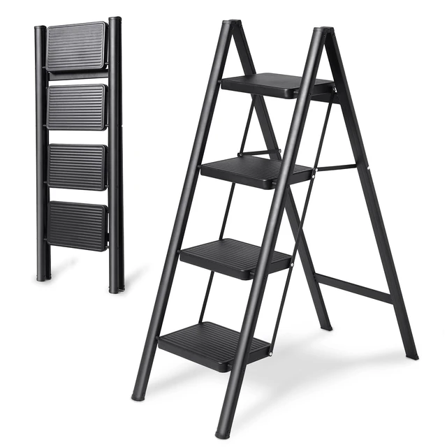 Alt view image 8 of 14 - 4-Step Folding Ladder, Heavy Duty Ladders for Home & Kitchen, Folding Ladder Easy to Store, Tall Ladder for Adults, Anti-Slip & Space-Saving Step Ladder, 330 Lbs Capacity
