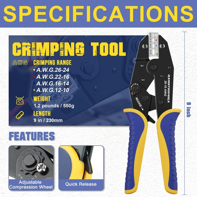 Alt view image 10 of 12 - 200PCS Ratchet Crimper Kit, Butt Connectors, AWG 22-10 Color-coded jaw markings, adjustable force wheel, quick-release lever, field wiring