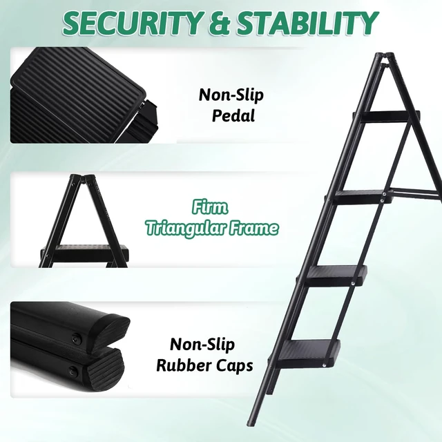 Alt view image 9 of 14 - 4-Step Folding Ladder, Heavy Duty Ladders for Home & Kitchen, Folding Ladder Easy to Store, Tall Ladder for Adults, Anti-Slip & Space-Saving Step Ladder, 330 Lbs Capacity