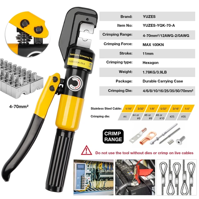 Alt view image 9 of 14 - 10-Ton Hydraulic Crimping Tool, 12 to 2/0 AWG Battery Cable Crimper Clean, Even Hex Crimps, 9 Dies (12 AWG-2/0 AWG & 1/8") for Battery Cable Lugs, Cable Railing, Marine, RV and Solar Wiring