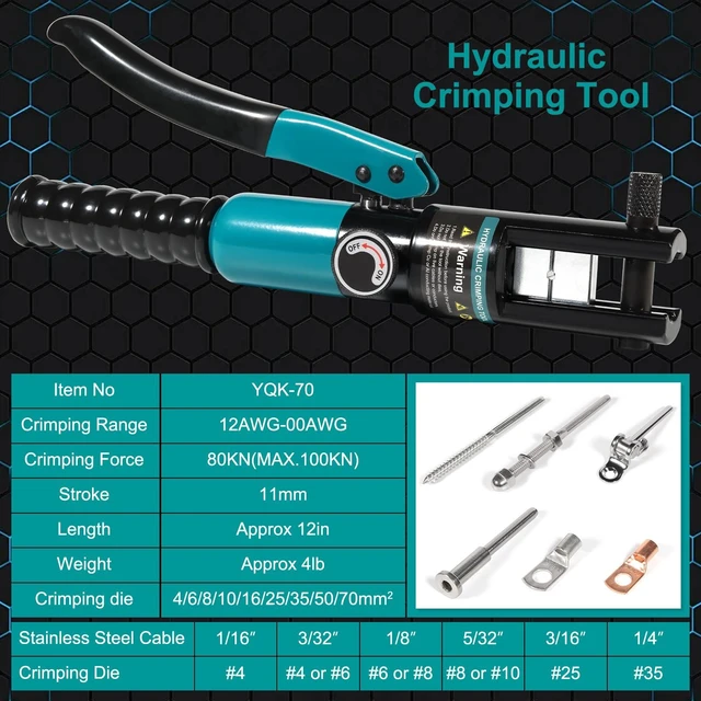 Alt view image 8 of 12 - 10 Tons Hydraulic Crimping Tool & Cable Cutter with 9 Dies Hydraulic Crimper for 1/16" 1/8" 3/16" Stainless Steel Cable Railing Hardware Kit, Wire Rope Swaging Tool