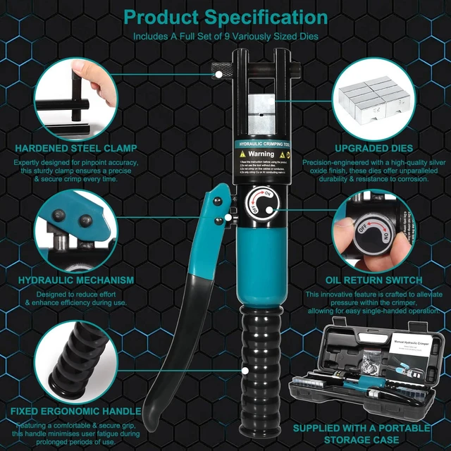 Alt view image 10 of 12 - 10 Tons Hydraulic Crimping Tool & Cable Cutter with 9 Dies Hydraulic Crimper for 1/16" 1/8" 3/16" Stainless Steel Cable Railing Hardware Kit, Wire Rope Swaging Tool