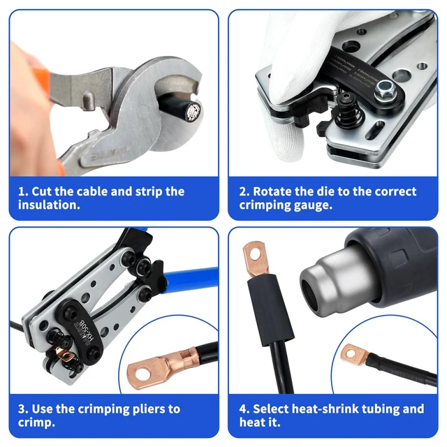 Alt view image 13 of 14 - Battery Cable Crimping Tool AWG 10-1/0, Wire Cutter,100 Copper Lugs Electrical Terminal Crimper AWG 10 8 6 4 2 1/0, 100pcs Wire Connectors & Heat Shrink Tubing, Cable Cutter Pliers, Black Bag