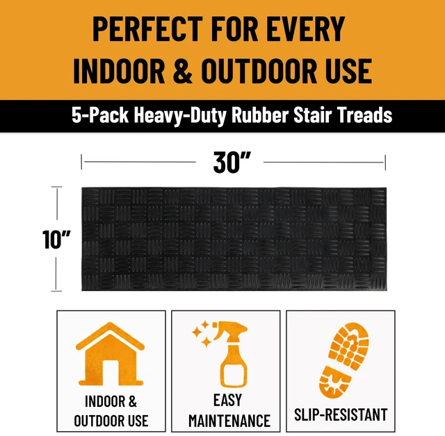 Alt view image 10 of 14 - Outdoor Rubber Stair Treads Ribbed Heavy-Duty Non-Slip Stair Mats Best Grip on Concrete, Brick & Textured Step Fastening Recommended for Wooden & RV Steps, Pack of 5