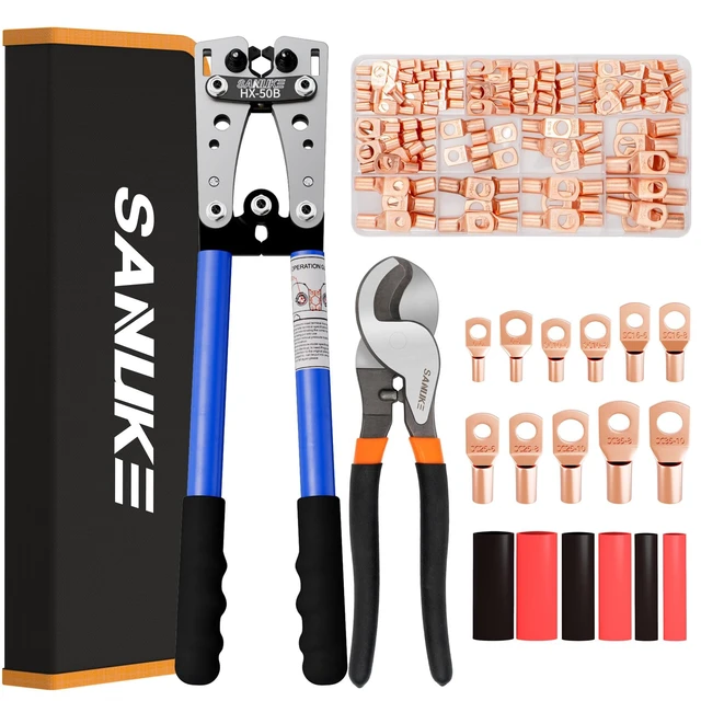 Alt view image 8 of 14 - Battery Cable Crimping Tool AWG 10-1/0, Wire Cutter,100 Copper Lugs Electrical Terminal Crimper AWG 10 8 6 4 2 1/0, 100pcs Wire Connectors & Heat Shrink Tubing, Cable Cutter Pliers, Black Bag