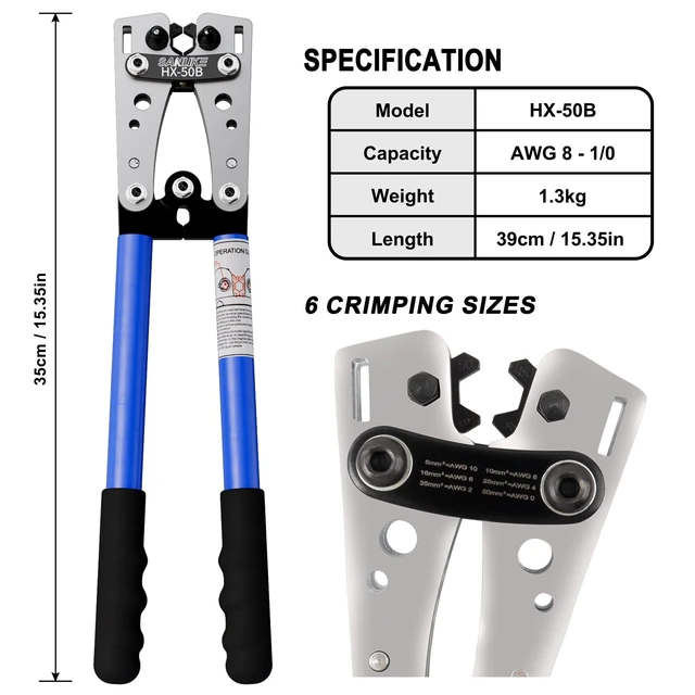 Alt view image 10 of 14 - Battery Cable Crimping Tool AWG 10-1/0, Wire Cutter,100 Copper Lugs Electrical Terminal Crimper AWG 10 8 6 4 2 1/0, 100pcs Wire Connectors & Heat Shrink Tubing, Cable Cutter Pliers, Black Bag
